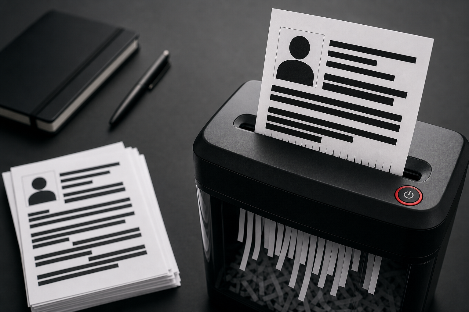 Conceptual privacy still life: white people-search profile cards with personal details hidden behind solid black redaction bars, one card being fed into a black paper shredder with a red power button, on a dark charcoal desk